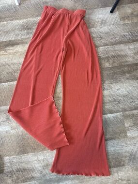 Ribbed Wide-Leg Pants in Coral Rust, Curly Lettuce Hem, Elastic Waist